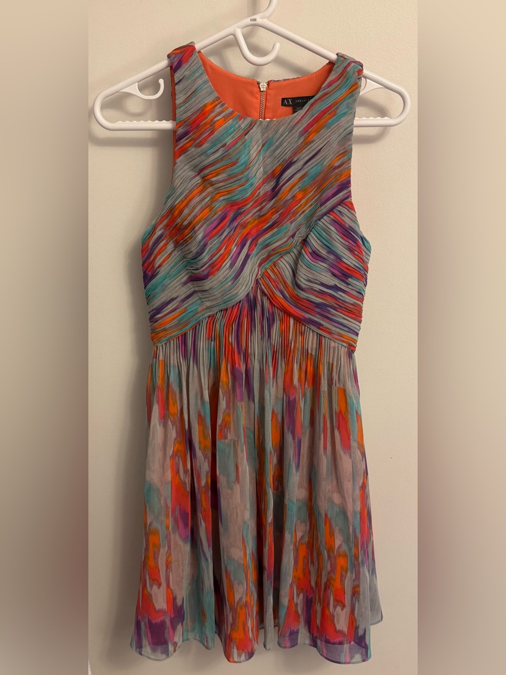 Armani Exchange Sleeveless Pleated Dress - Orange, Teal, Grey & Purple